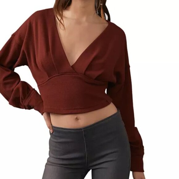 Free People All Nighter Tee Size Small Brown Cropped Waffle Knit Top Hip Boho - Picture 1 of 6